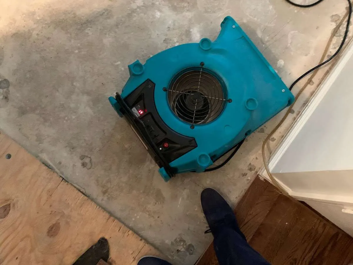 Air mover drying subfloor during Leak Detection & Repair in Le Ray